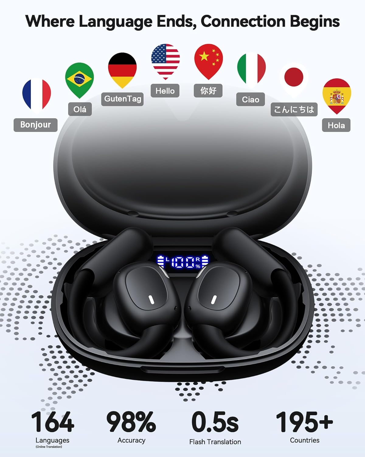 AI Translation Earbuds Real Time 164 Languages Translator Earbuds with 80H Play Time 3 in 1 Open-Ear Translation Headphones with Audio & Video Translation for Travel Business Meeting Learning (Black)